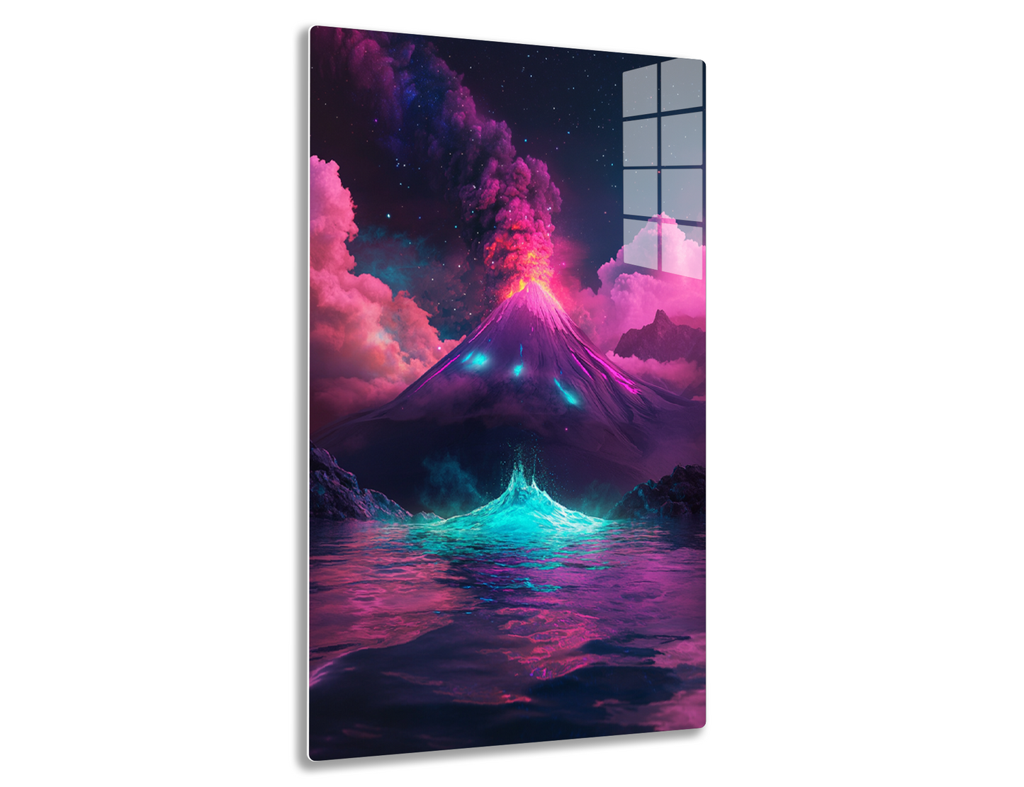 A surreal volcanic landscape with a towering mountain erupting vibrant pink and blue clouds, reflecting in a serene cosmic lake under a starry night sky.
