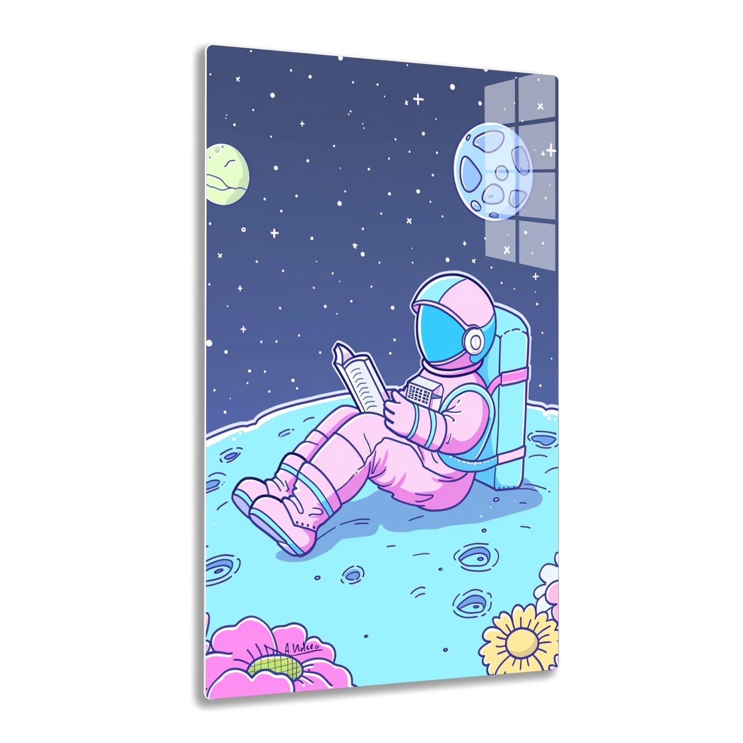 An astronaut in a colorful spacesuit is lying on the moon's surface, reading a book while surrounded by craters, planets, and stars in the night sky.
