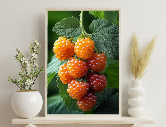 Cluster of ripe orange and red cloudberries hanging among large green leaves
