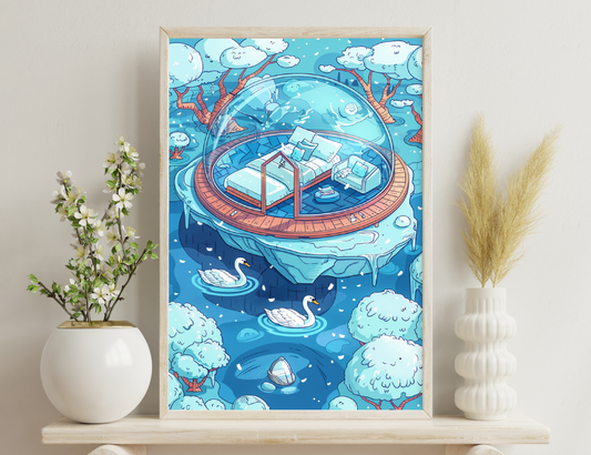 A whimsical illustration of a cozy bedroom encapsulated in a transparent dome, suspended over a serene lake with swans and surrounded by swaying trees and fluffy clouds in a dreamlike landscape.
