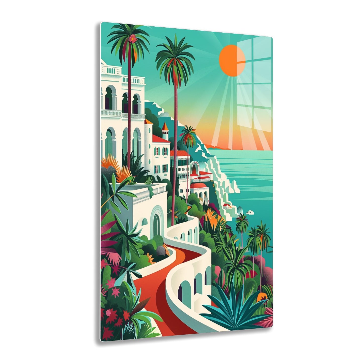 Vibrant illustration depicting a tropical seaside town with colorful buildings, winding roads, palm trees, and a bright sun over the ocean.
