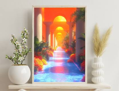 Panoramic view of a vibrant, sun-drenched walkway lined with arched columns and lush tropical plants, leading toward a radiant orange sunset reflecting in the shallow water.
