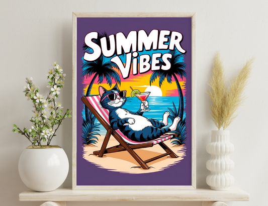 A cat wearing sunglasses and reclining on a beach chair, holding a cocktail glass with a tropical beach sunset and palm trees in the background, with the text "Summer Vibes" displayed prominently.
