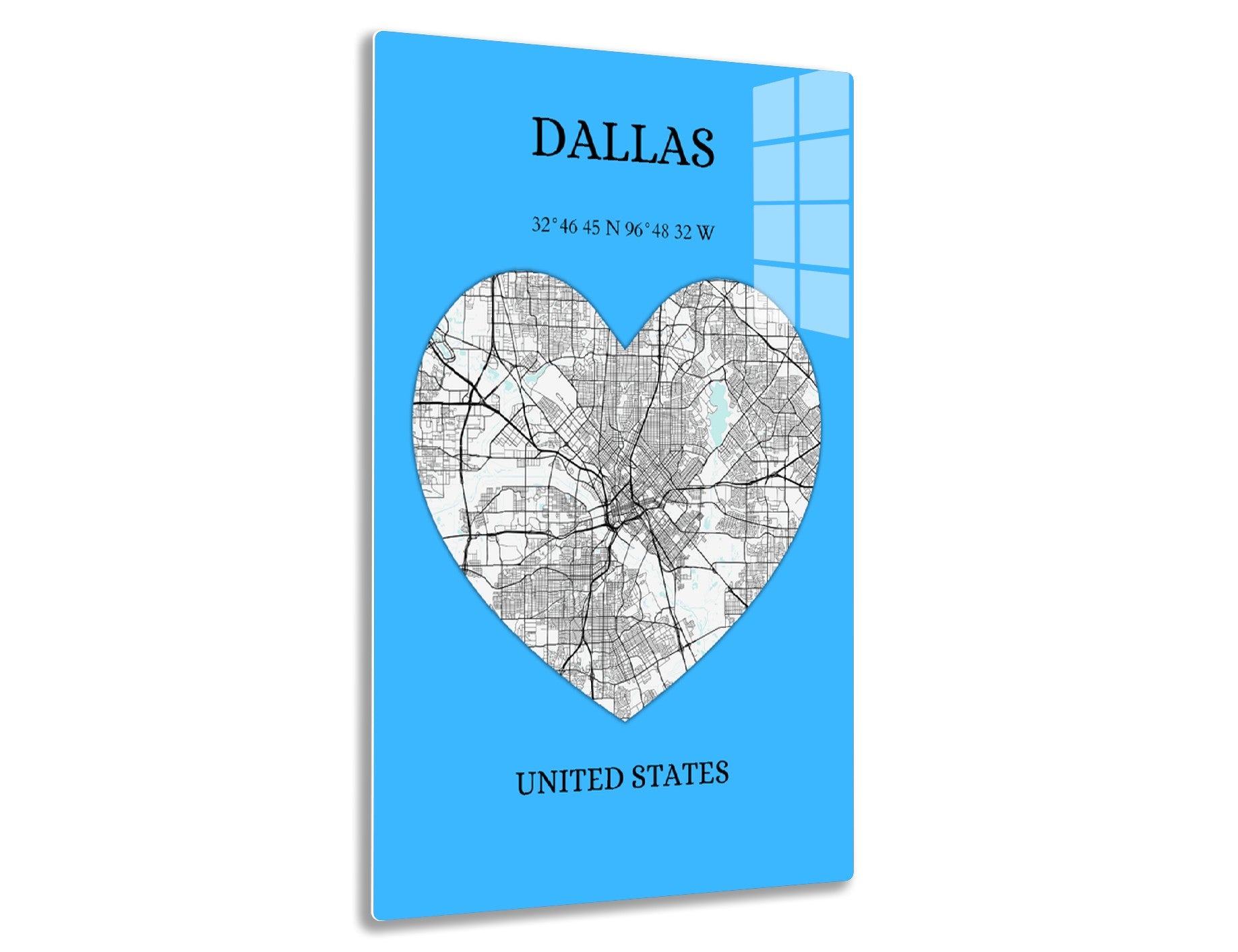 Map of Dallas city streets arranged in a heart shape, with coordinates 32°46'45"N 96°48'32"W, on a light blue background with the city and country names "DALLAS, UNITED STATES"
