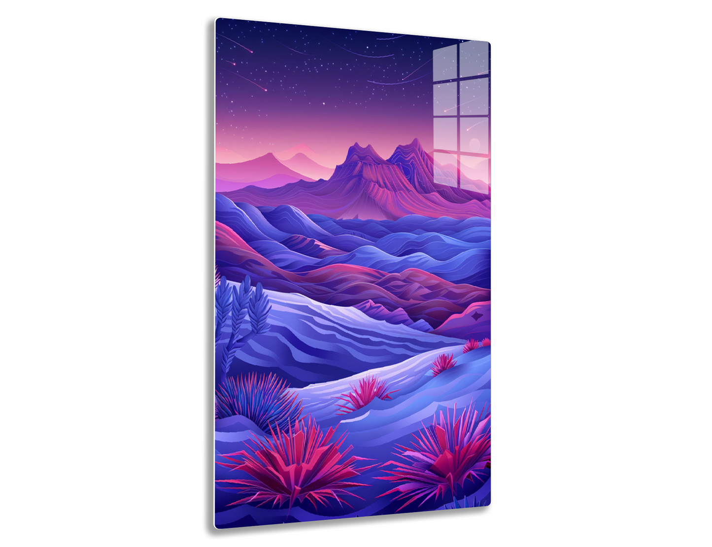 A surreal landscape with towering purple mountains, rolling hills in shades of blue and purple, a starry night sky with shooting stars, and vibrant red desert flora in the foreground.
