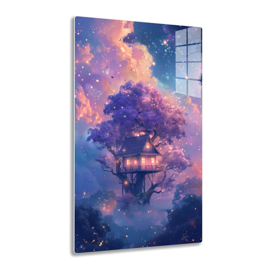 A whimsical treehouse nestled amidst glowing clouds and trees under a starry night sky with twinkling lights, creating a magical, dreamlike atmosphere.
