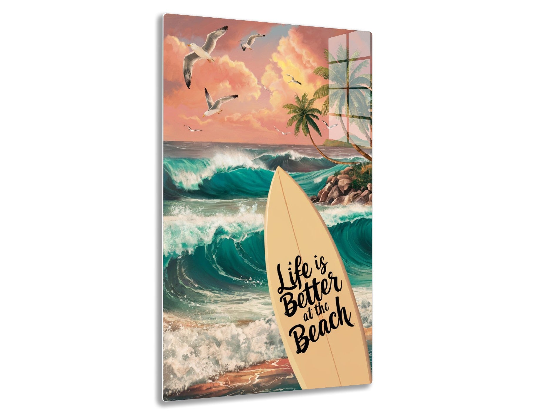 A tropical beach scene with crashing waves, palm trees, and seagulls flying against a sunset sky. A surfboard in the foreground has "Life is Better at the Beach" written on it.
