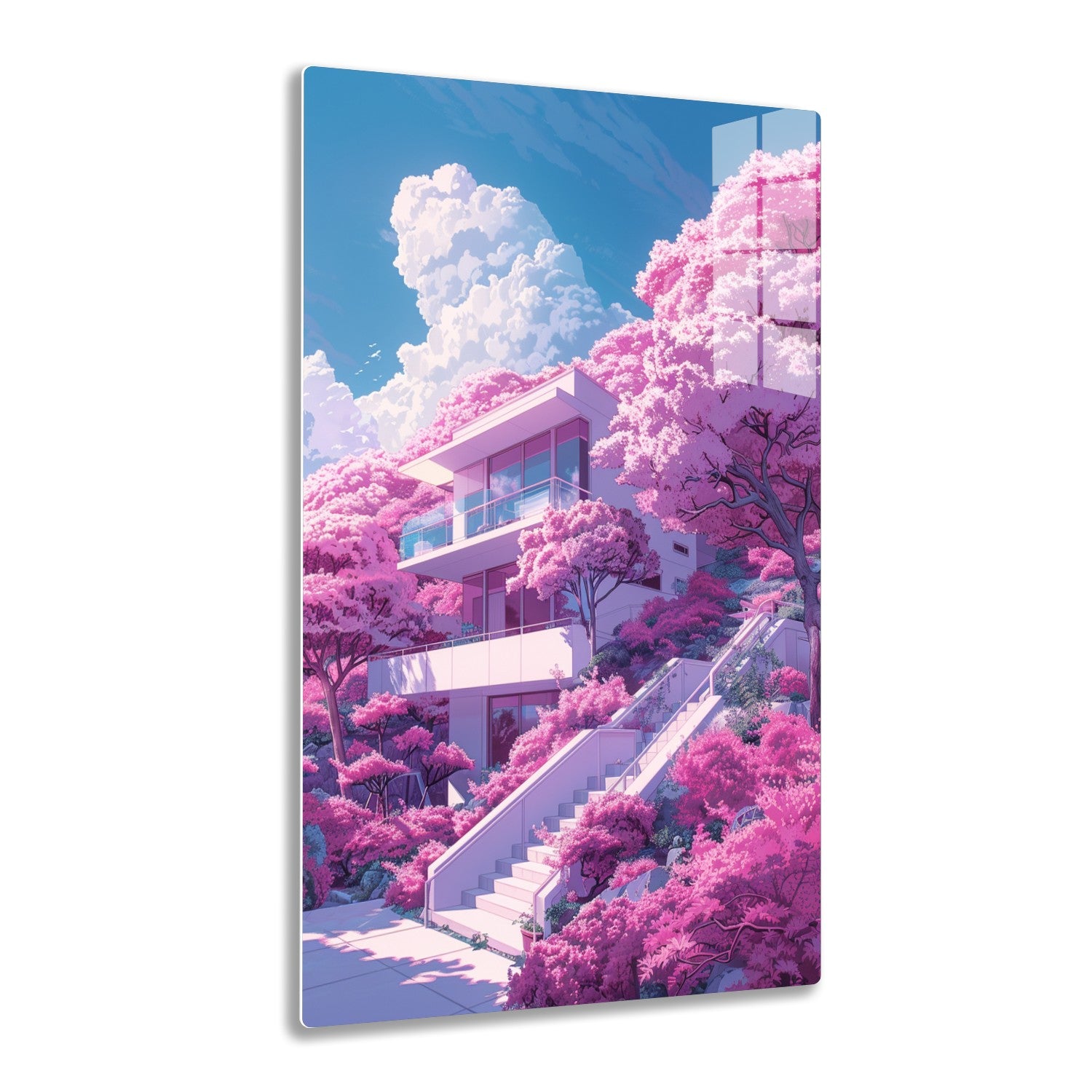 A modern house surrounded by vibrant pink cherry blossom trees and perfectly manicured gardens against a blue sky with fluffy white clouds.
