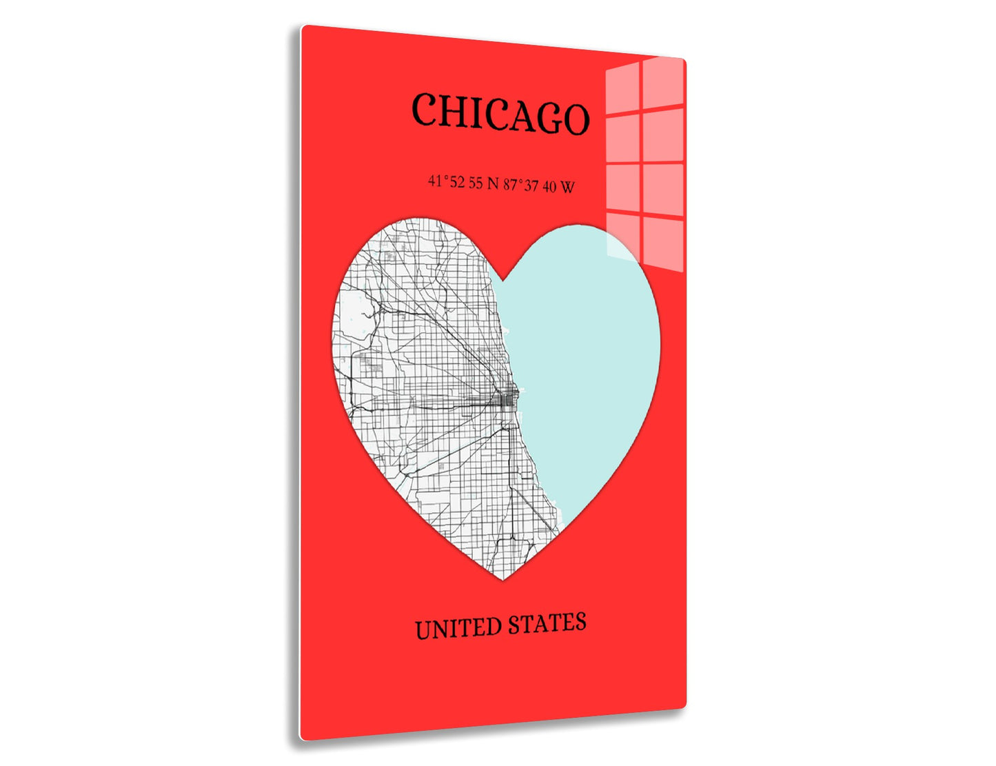 Chicago city map heart shape on red background with coordinates 41°52'55"N 87°37'40"W - United States
