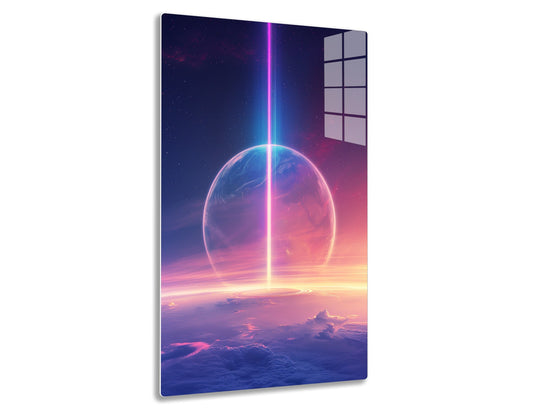 An artistic rendering of a futuristic planet with a vibrant pink and blue atmosphere being split by a towering beam of magenta light, creating a celestial gateway amidst the cosmos and clouds.
