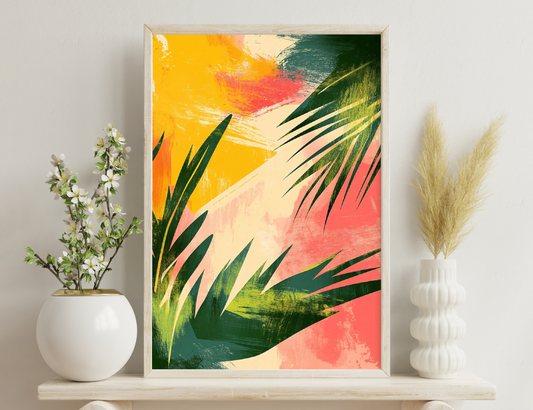 Colorful abstract painting with silhouettes of palm fronds against a vibrant yellow, orange, and pink sunset background.
