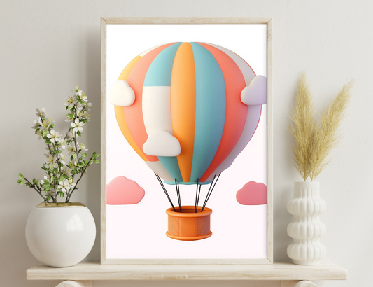 A colorful hot air balloon with orange, yellow, white, turquoise, and pink stripes hovers among pink clouds. The basket below is orange with black support ropes attached to the striped balloon.
