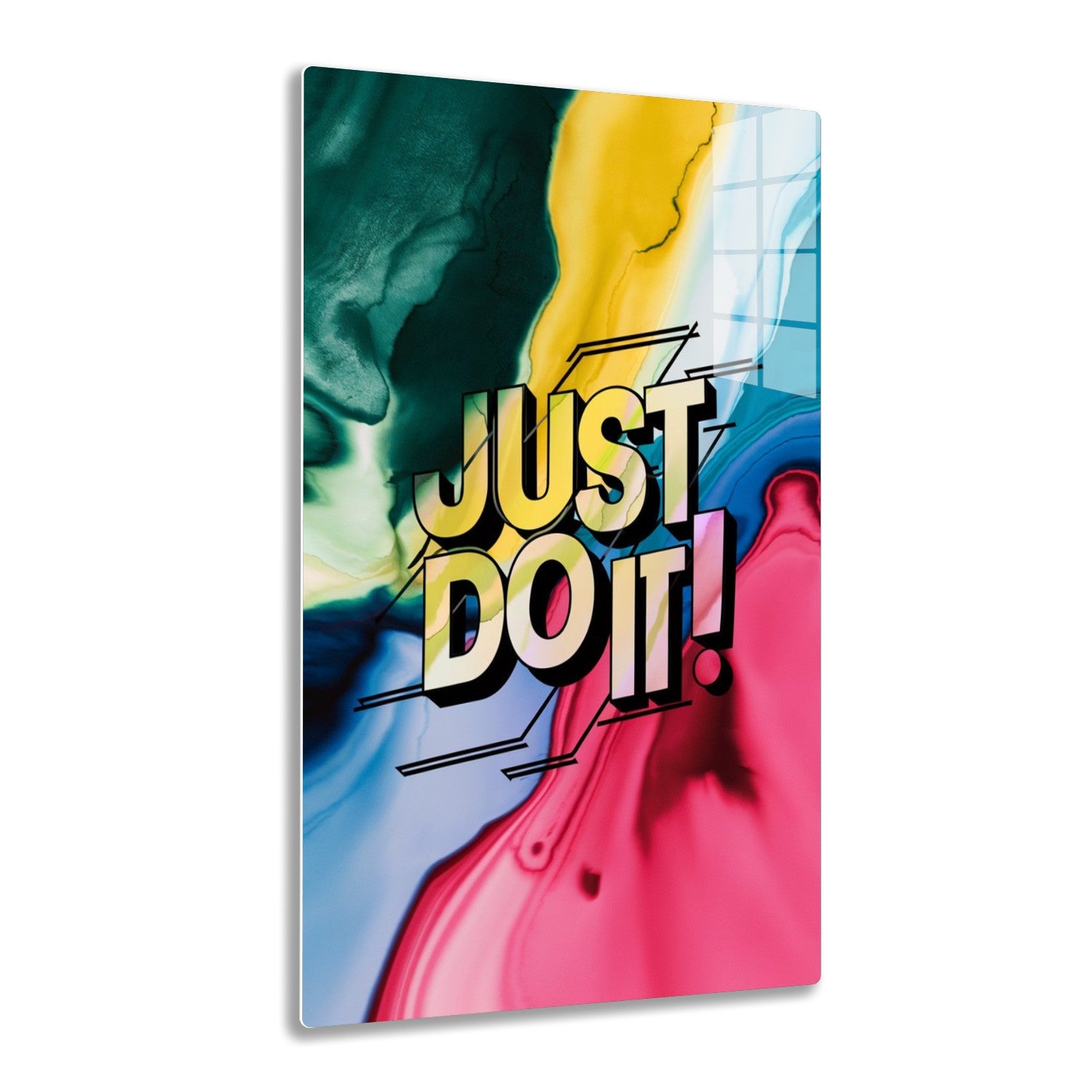 Just Do It! text in bold stylized font overlaid on an abstract, colorful liquid background with splashes of teal, yellow, blue, and pink.
