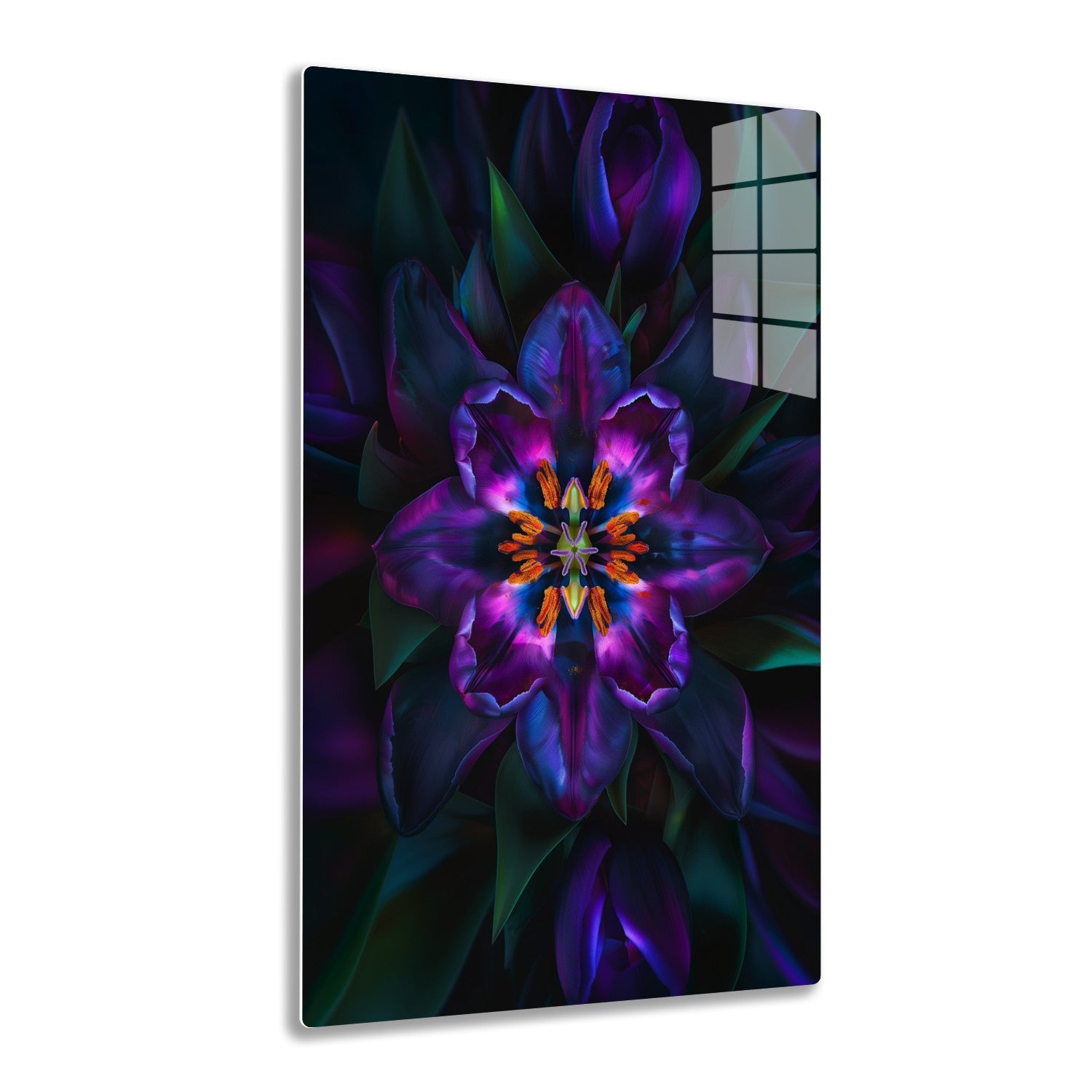 Purple flower petals with intricate abstract patterns forming a radially symmetrical structure, colored in vibrant shades of blue, purple, and orange.
