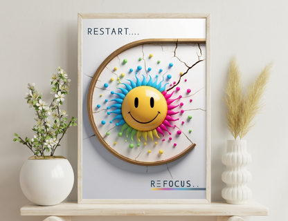 A cracked circular frame surrounds a smiling yellow emoticon with blue and pink energy bursts emanating from it, along with colorful dots, conveying a message of restarting and refocusing with positivity.
