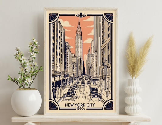 A stylized illustration of a crowded New York City street scene in the 1920s, featuring skyscrapers, vintage cars, and fashionably dressed pedestrians in an art deco style.
