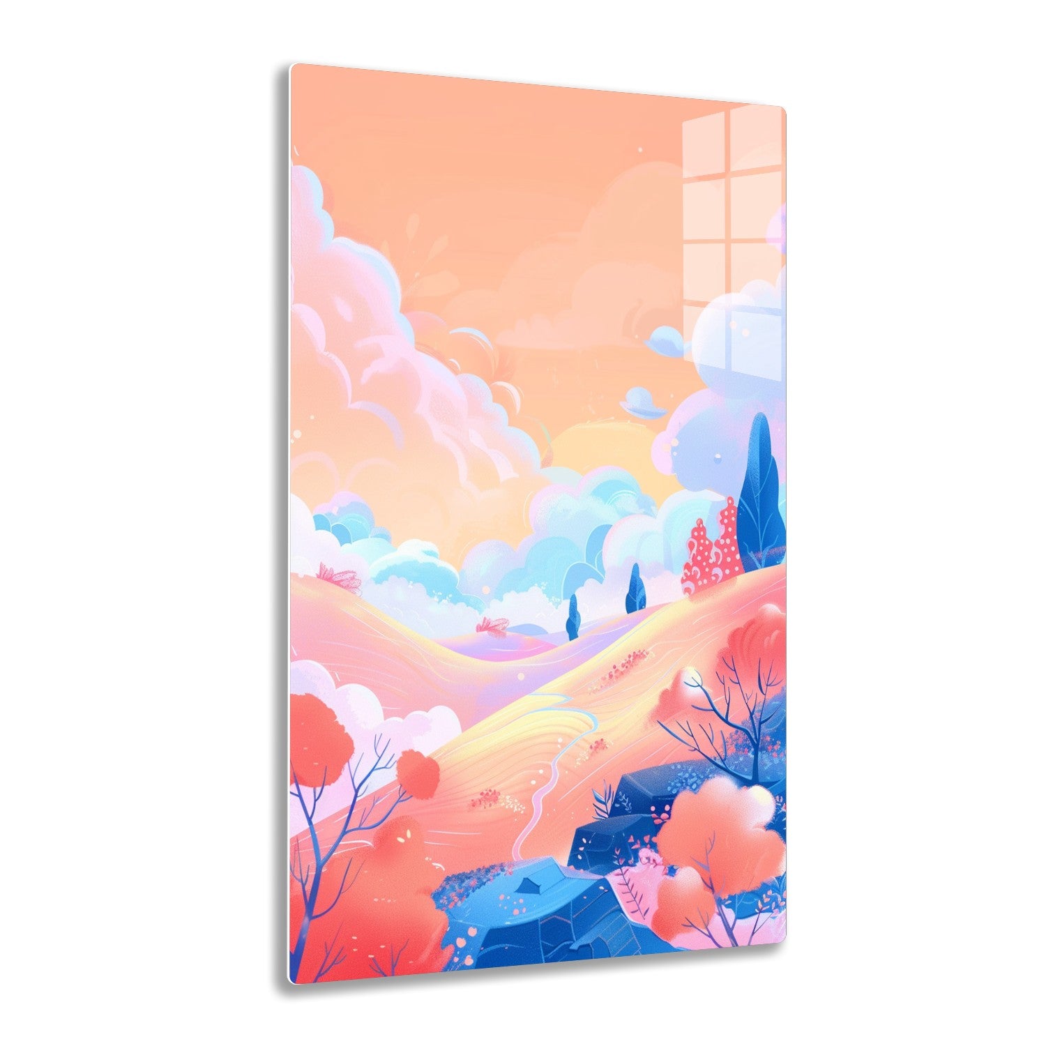 A vibrant, whimsical landscape with rolling hills, winding paths, fluffy clouds, and colorful mushroom-like trees against a warm, pastel sky.
