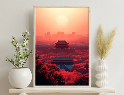 An ancient Chinese palace with traditional architecture stands before a modern city skyline, all bathed in a dramatic red hue from the rising or setting sun surrounded by vibrant red foliage.
