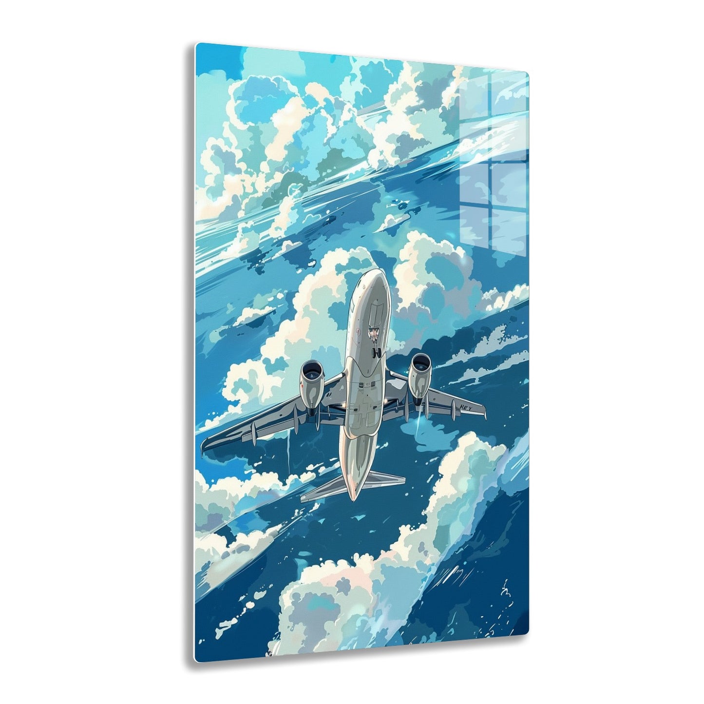 A commercial jet aircraft soars through a vibrant, cloudy sky, its silver body and engines rendered in dynamic brushstrokes against the blue and white backdrop.
