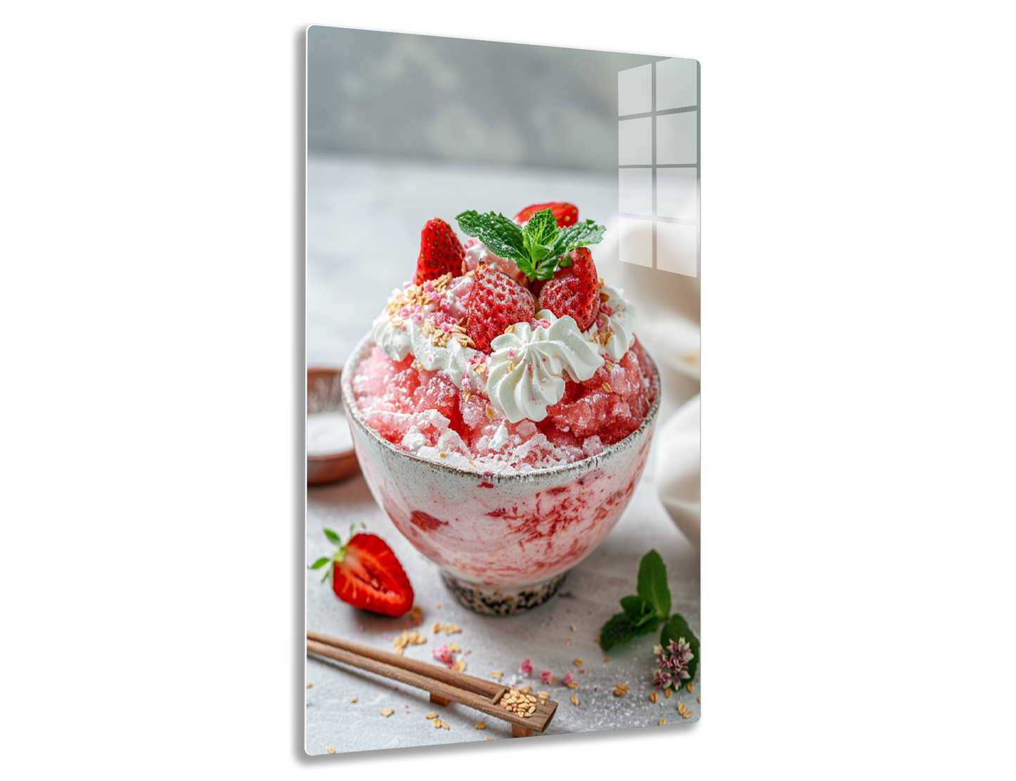 A glass bowl filled with a strawberry smoothie or parfait, topped with fresh strawberries, whipped cream, and a mint sprig garnish, surrounded by scattered strawberries and granola on a rustic surface.
