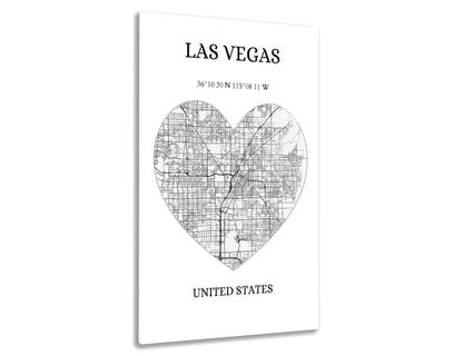 Map of Las Vegas in heart shape showing city streets and roads, geographic coordinates 36°10'30"N 115°08'11"W.
