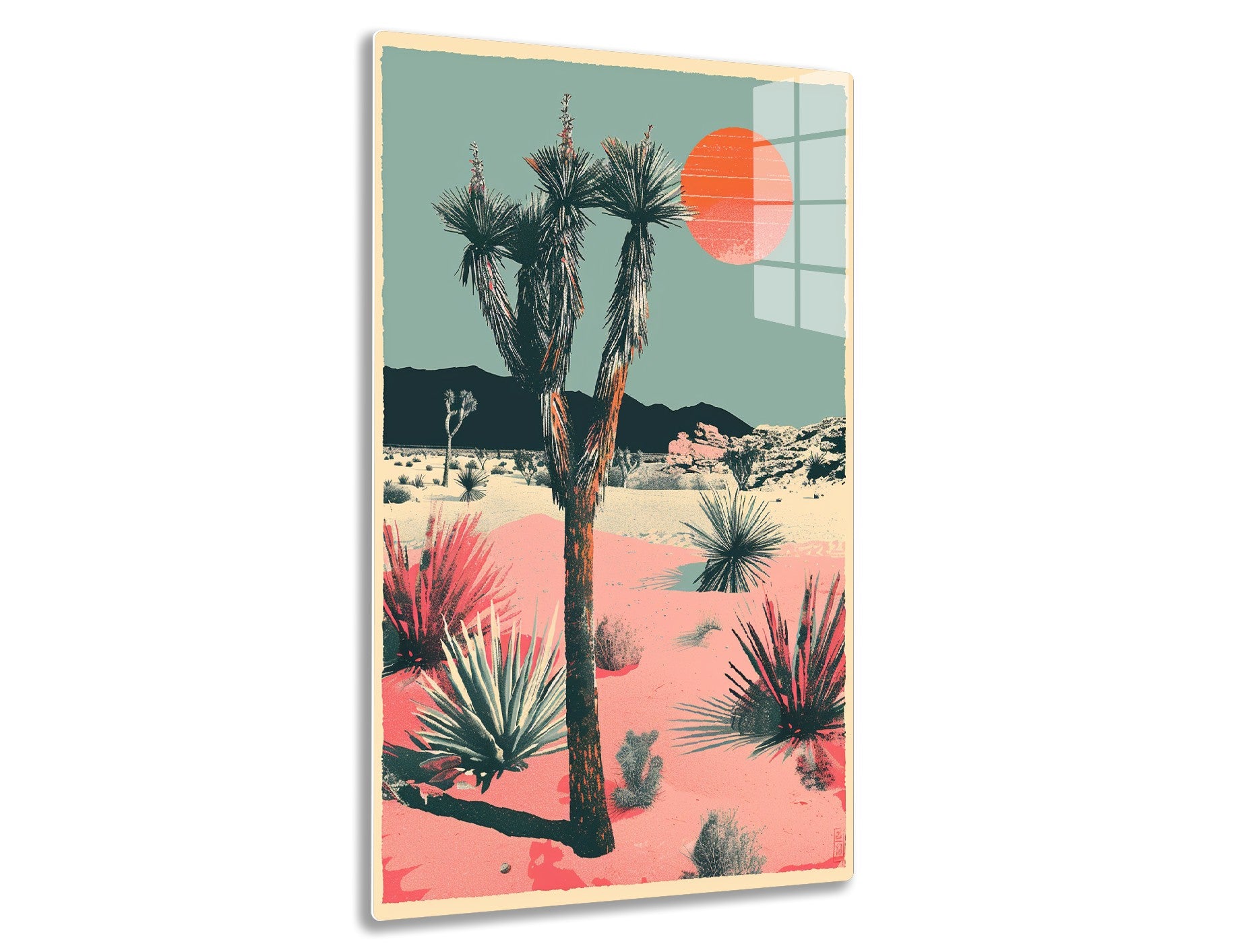 A vintage-style desert landscape with tall palm trees, mountains, cacti, and a large orange sun, rendered in muted green, pink, and red tones.
