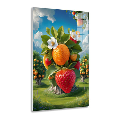 A surreal landscape with gigantic strawberries, one serving as a tree trunk supporting a lush canopy of leaves, flowers, and large strawberry fruits against a blue cloudy sky and a grassy field with flowering trees.

Human
