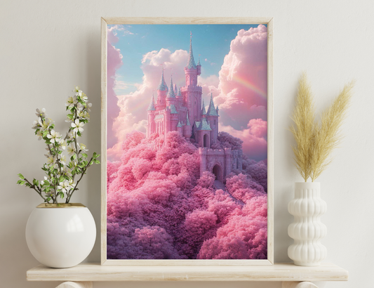 A majestic pink castle with intricate spires surrounded by puffy pink clouds and trees, creating a dreamy, fairy tale-like scene.
