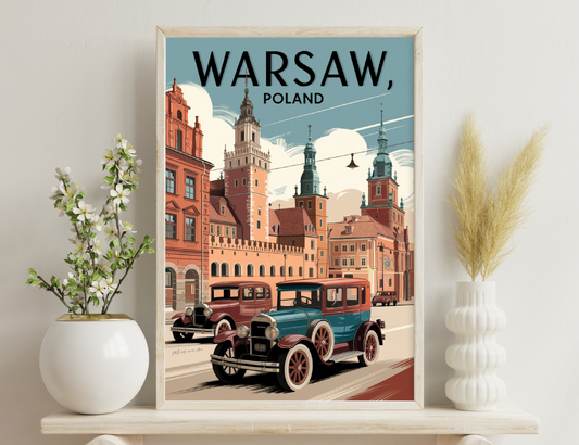 Travel poster illustration of historic buildings and vintage cars in Warsaw, Poland, depicting the city's old-world charm.
