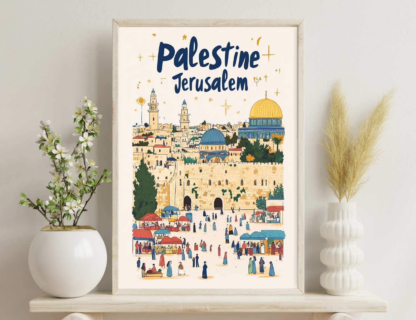 An illustration depicting the city of Jerusalem, Palestine, with the Dome of the Rock mosque, minarets, and a bustling plaza filled with people in traditional Middle Eastern attire engaged in various activities.
