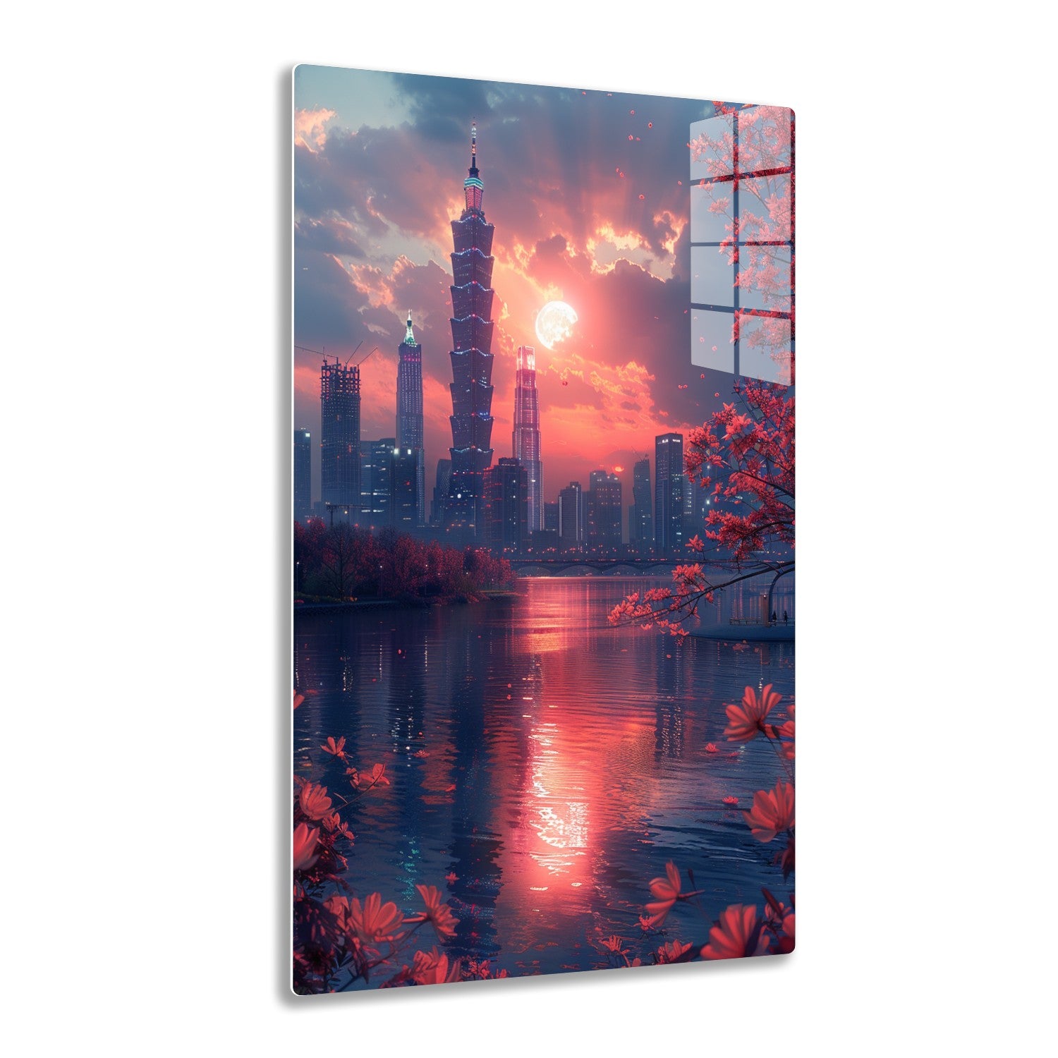 Spectacular sunset over Taipei skyline featuring Taipei 101 tower mirrored in river, contrasted by red cherry blossoms in foreground.
