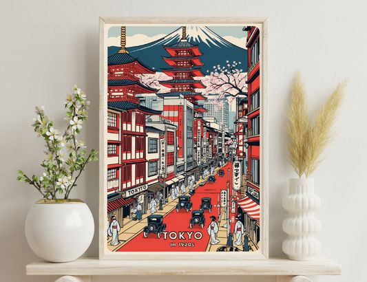 A vibrant illustration depicting a street scene in 1920s Tokyo, blending traditional architecture like pagodas and cherry blossoms with modern elements like vehicles and high-rise buildings, capturing the city's transition into the modern era.
