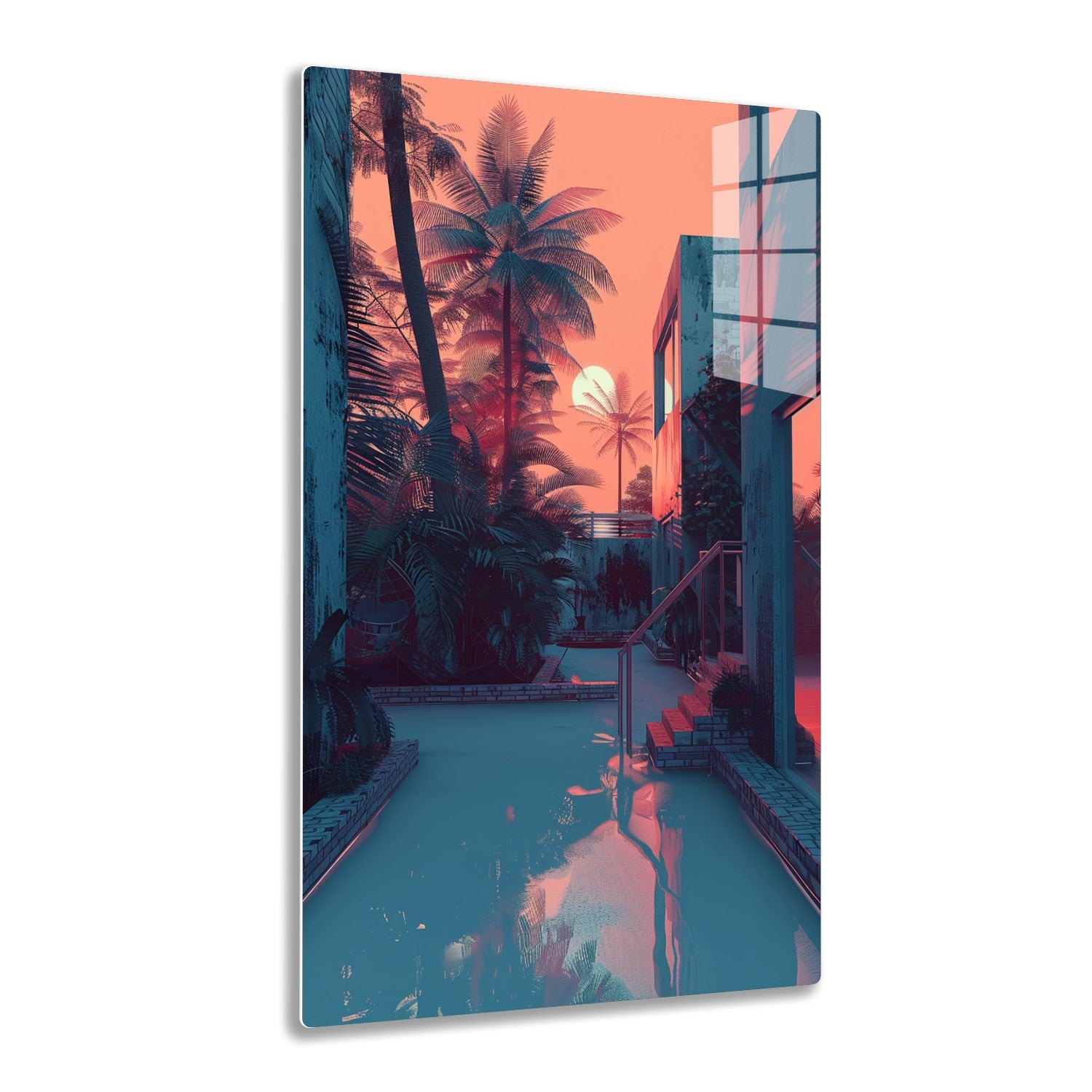 A vibrant sunset scene with palm trees and a swimming pool surrounded by buildings, creating a tropical and serene atmosphere.
