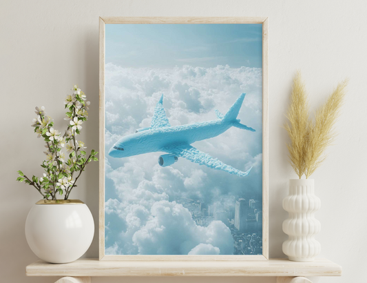 A surreal image depicting a large passenger jet aircraft made of clouds, soaring above a cityscape amid fluffy white clouds and a blue sky.
