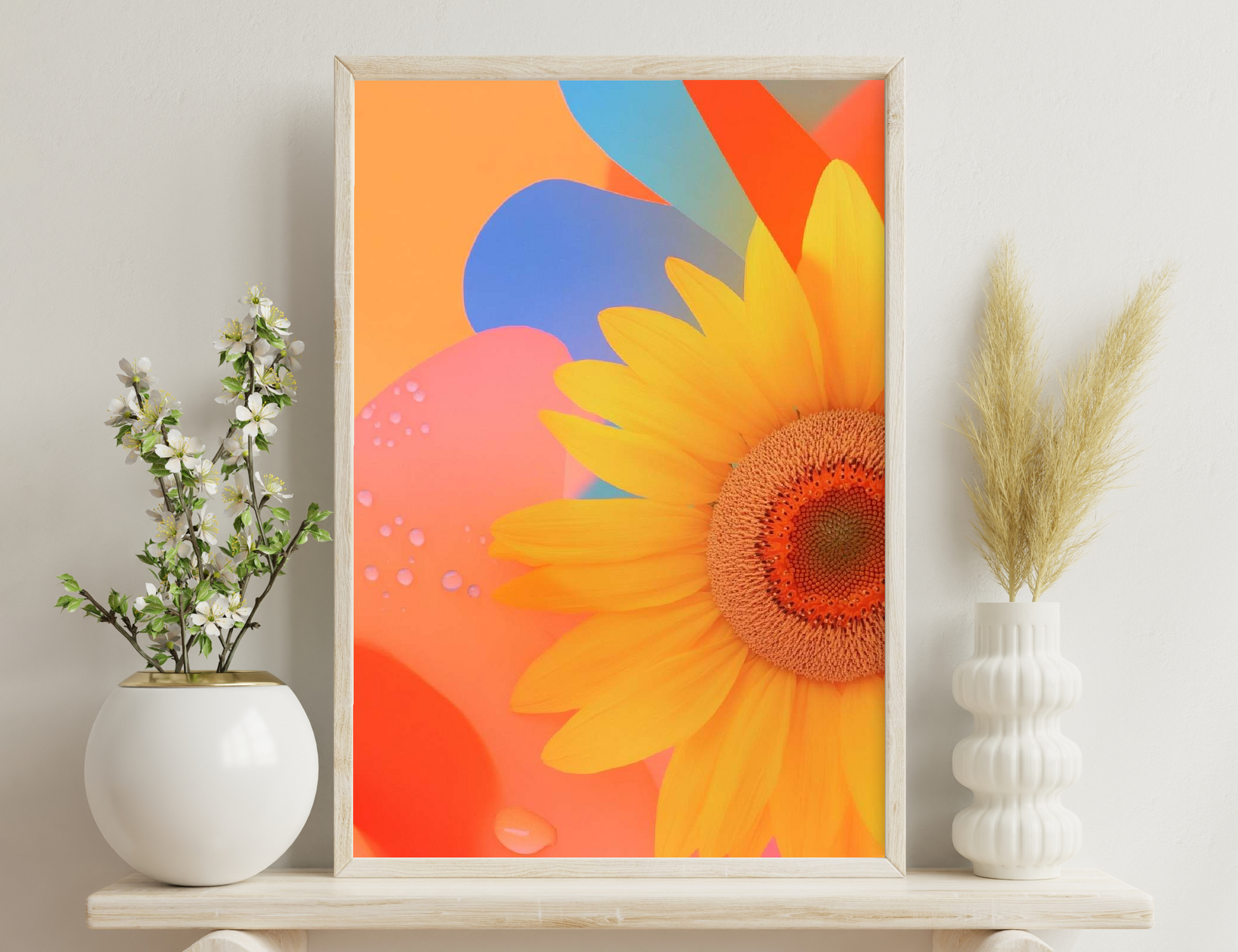 Vibrant abstract illustration featuring a sunflower with overlapping shapes in warm shades of orange, yellow, blue, and pink, creating a playful and cheerful composition.
