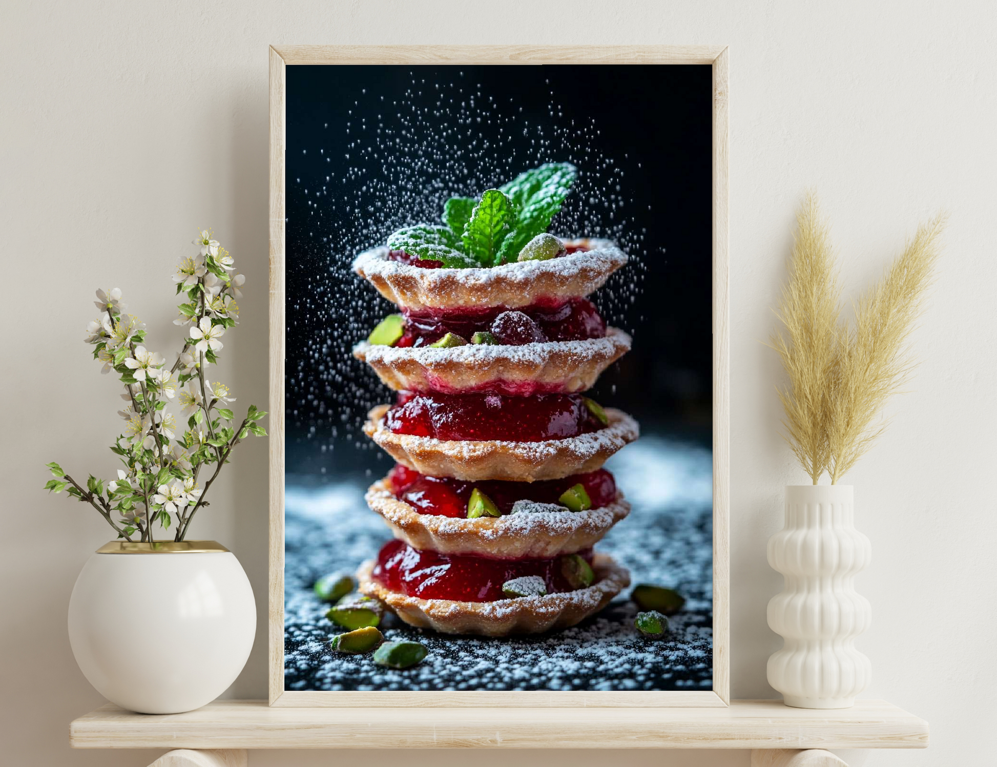 Stacked tartlets with powdered sugar, raspberry filling, mint leaves, and splashing water droplets against a dark background.
