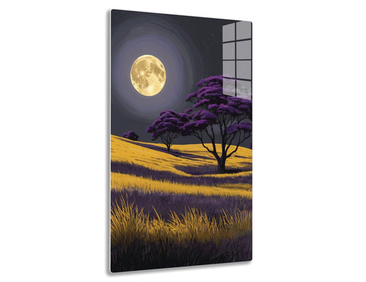 A surreal nighttime landscape with a large full moon glowing in the sky, tall purple trees swaying in the breeze, and golden wheat fields rippling in the moonlight.
