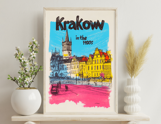 An illustration of a colorful street scene in Krakow in the 1920s, featuring historical buildings, a church tower, and people walking on the cobblestone road.
