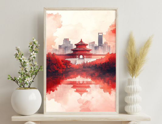 Traditional Chinese temple with red pagoda stands in tranquil waters, reflecting modern city skyline in the background amidst vibrant autumn colors.
