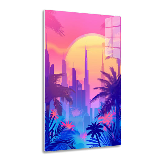 Dubai skyline with iconic skyscrapers silhouetted against a vibrant sunset, framed by colorful palm trees and a stylized graphic design depicting a tropical paradise.
