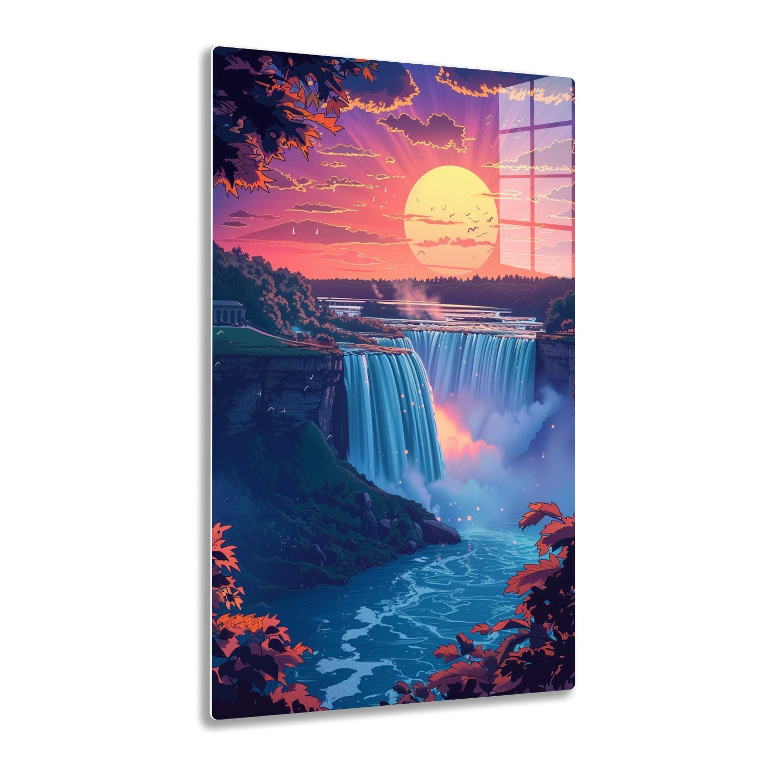 Vibrant sunset over crescent waterfall surrounded by autumn foliage, birds in flight against massive orange sun and fiery clouds reflecting on calm waters below.
