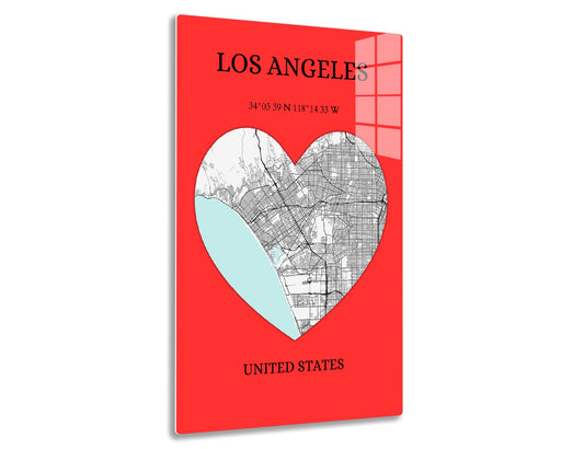 Map of Los Angeles in the shape of a heart, featuring streets and coastline, on a red background with city name, coordinates, and country. Alt text: Map of Los Angeles in heart shape with street grid and coastline over red background,
