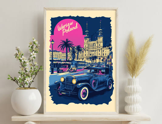 Vintage Warsaw, Poland travel poster depicting a vibrant nighttime street scene with classic cars, palm trees, and an ornate building illuminated against a contrasting pink and blue sky.
