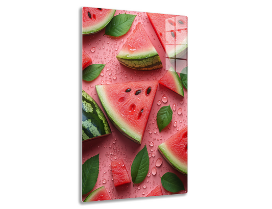 Watermelon slices with seeds and green leaves surrounded by water droplets, creating a refreshing and vibrant summer vibe.
