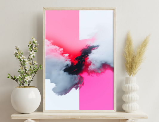 A vibrant image of billowing red and black smoke against a pink and blue sky, creating an abstract, dynamic composition.
