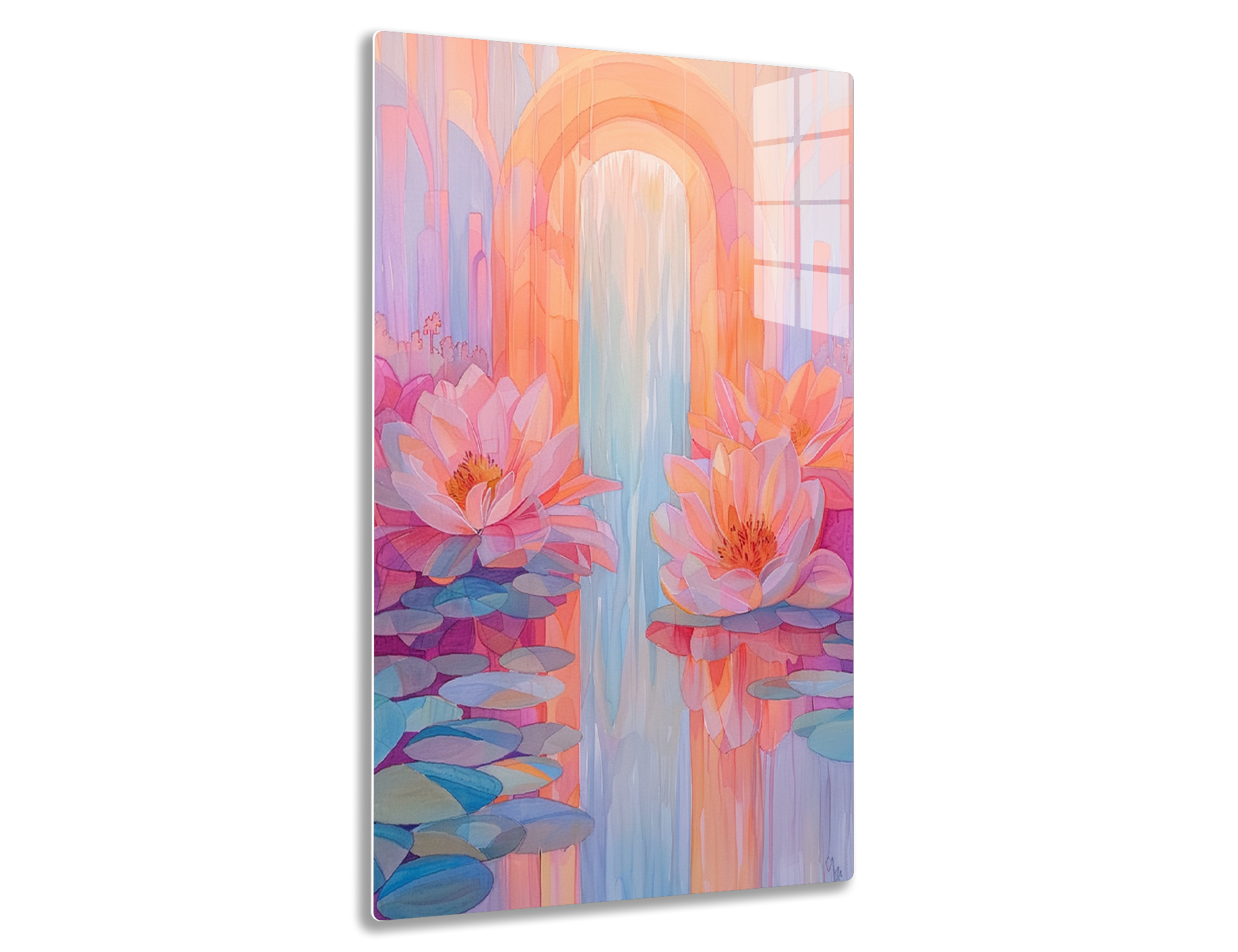 A surreal painting depicting vibrant pink and orange lotus flowers floating on water, framed by arched architectural elements in warm pastel hues, creating a dreamlike, tranquil atmosphere.
