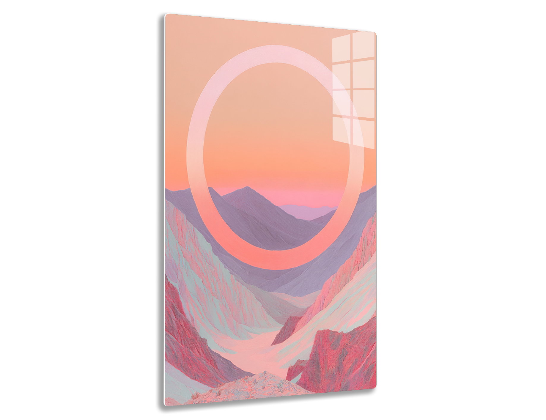 Abstract landscape with purple mountains, red canyons, and a large white circle framing a vivid orange sunset sky.
