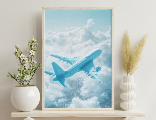 A commercial airliner flies through fluffy clouds in a blue sky, leaving behind a trail of condensation vapor as it soars over a cityscape below.
