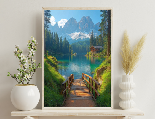 A scenic alpine lake surrounded by towering snow-capped mountains, evergreen forests, and a wooden footbridge leading to a rustic cabin reflecting in the crystal clear turquoise waters.
