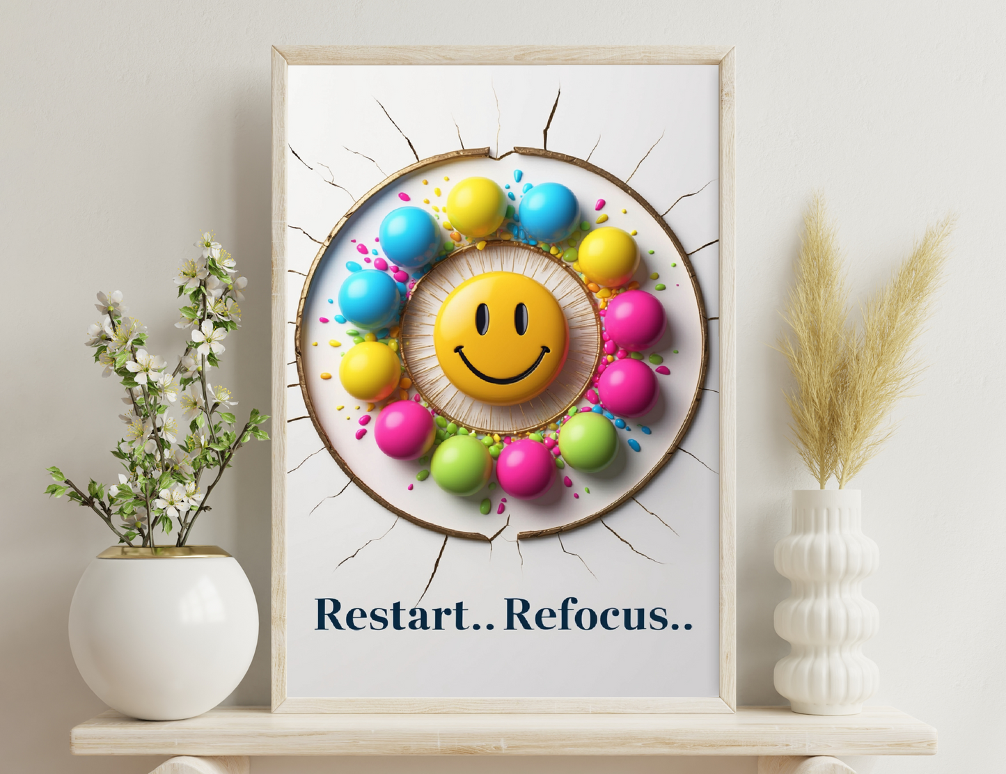 Colorful balloons and a smiley face plate surrounded by confetti against a cracked wall background with text "Restart..Refocus.."
